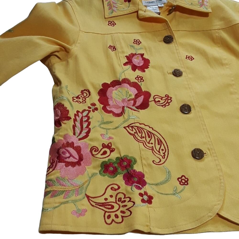 Womens Sz S Yellow Red Embroidered Cow Girl Y2K 90s Western Denim Jacket - Picture 5 of 13
